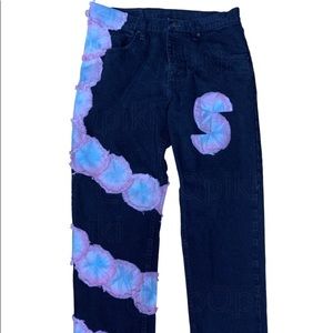1/1 handmade black jeans with blue & pink patches